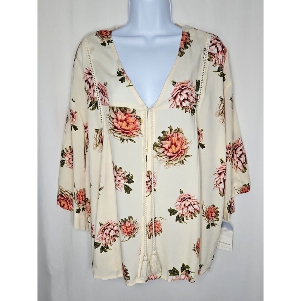 Skye's The Limit Womens Floral Tie Front Floral Kimono Style Blouse Large NWT